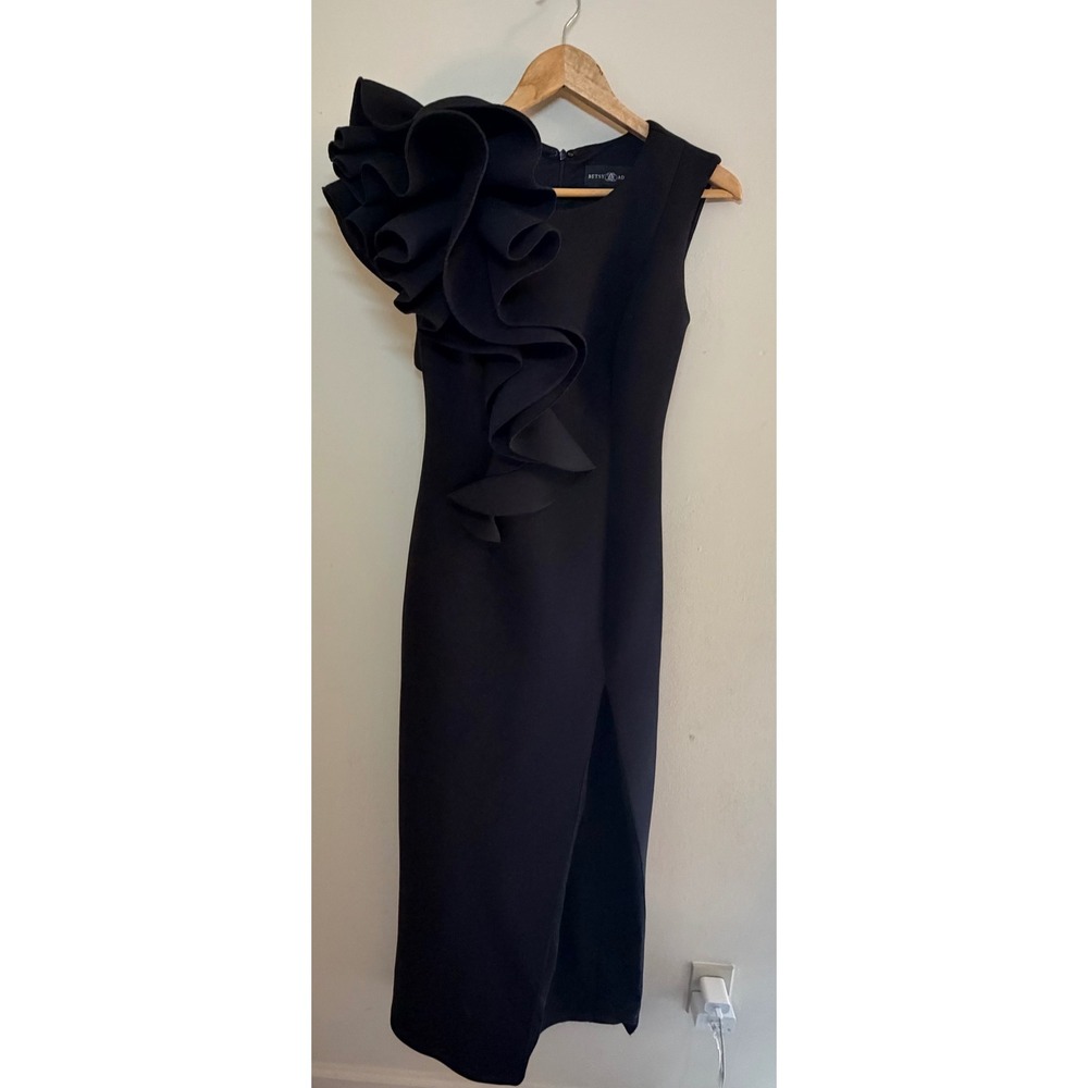 Betsy & Adam Black Scuba Ruffle Shoulder Maxi Dress Side Slit Size 2 Formal Gown - Picture 9 of 9